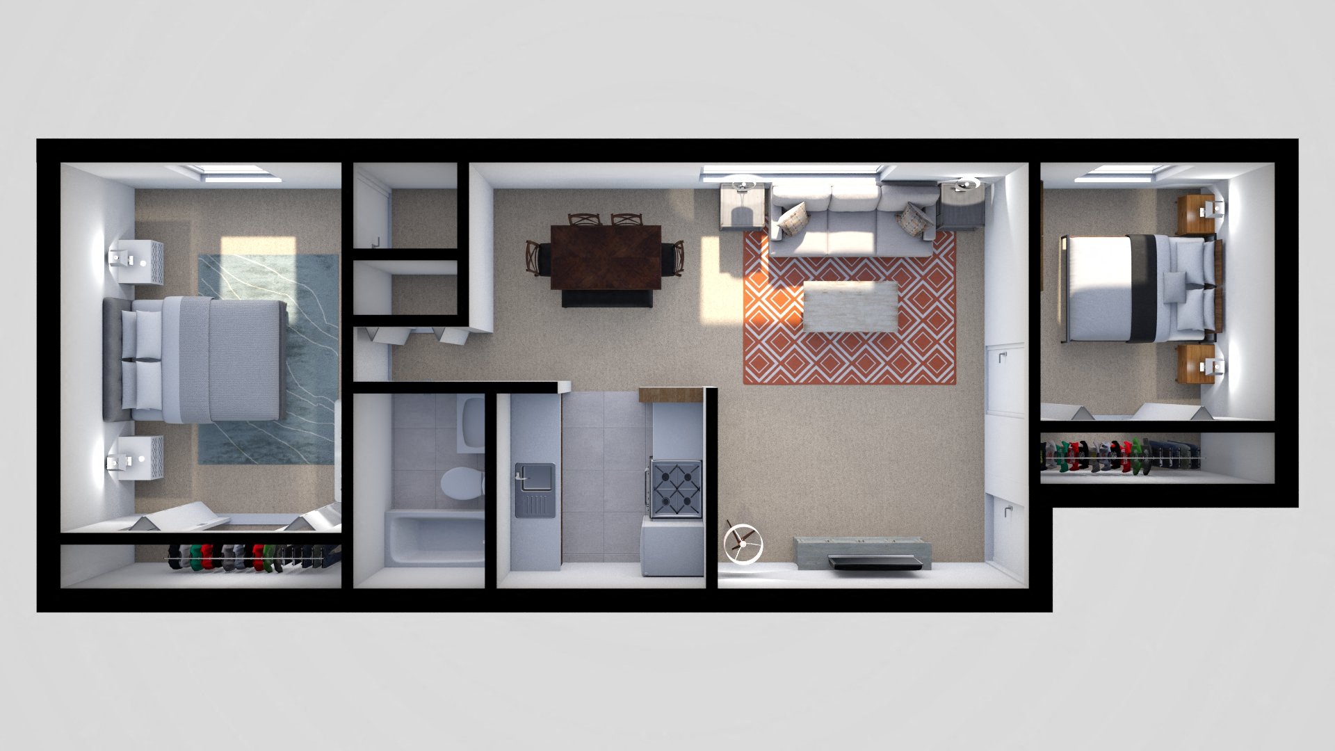 Floor plan for 1 bed, 1 bath, 704 sqft